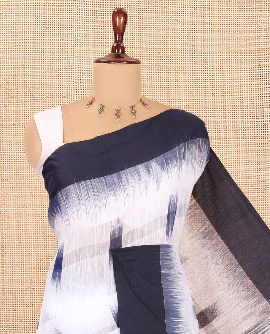 White-Navy Khadi Cotton Saree, Woven with Ikat Buttas, Contrast Blouse, Ikat Pallu, Matching Blouse