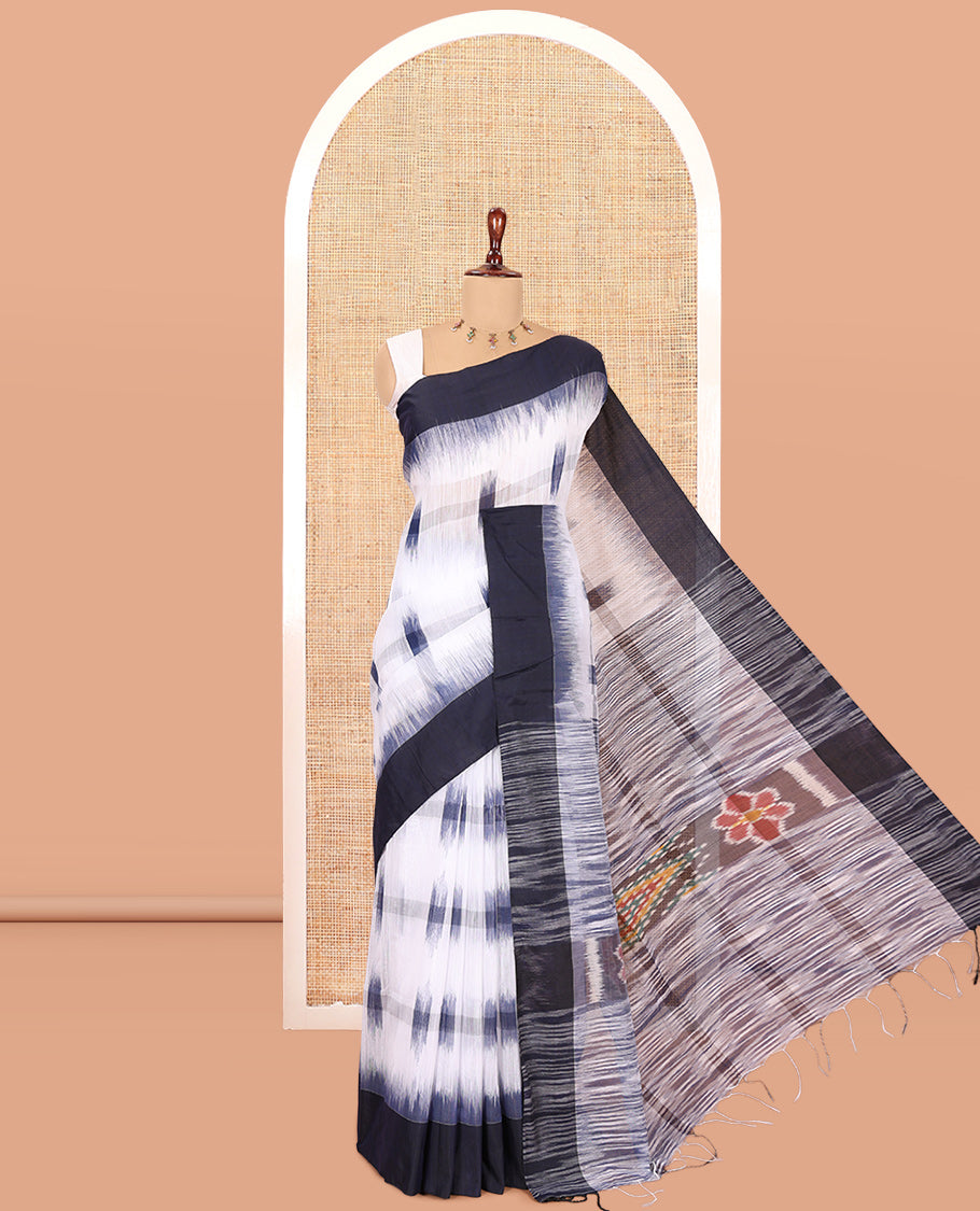 White-Navy Khadi Cotton Saree, Woven with Ikat Buttas, Contrast Blouse, Ikat Pallu, Matching Blouse