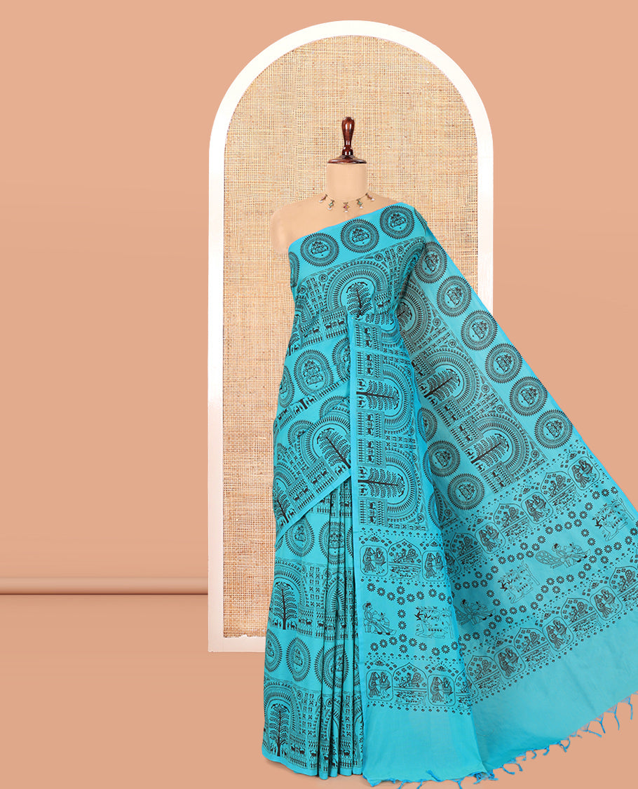 Borderless Blue Warli Printed South Cotton Saree, Printed Pallu and a Matching Blouse