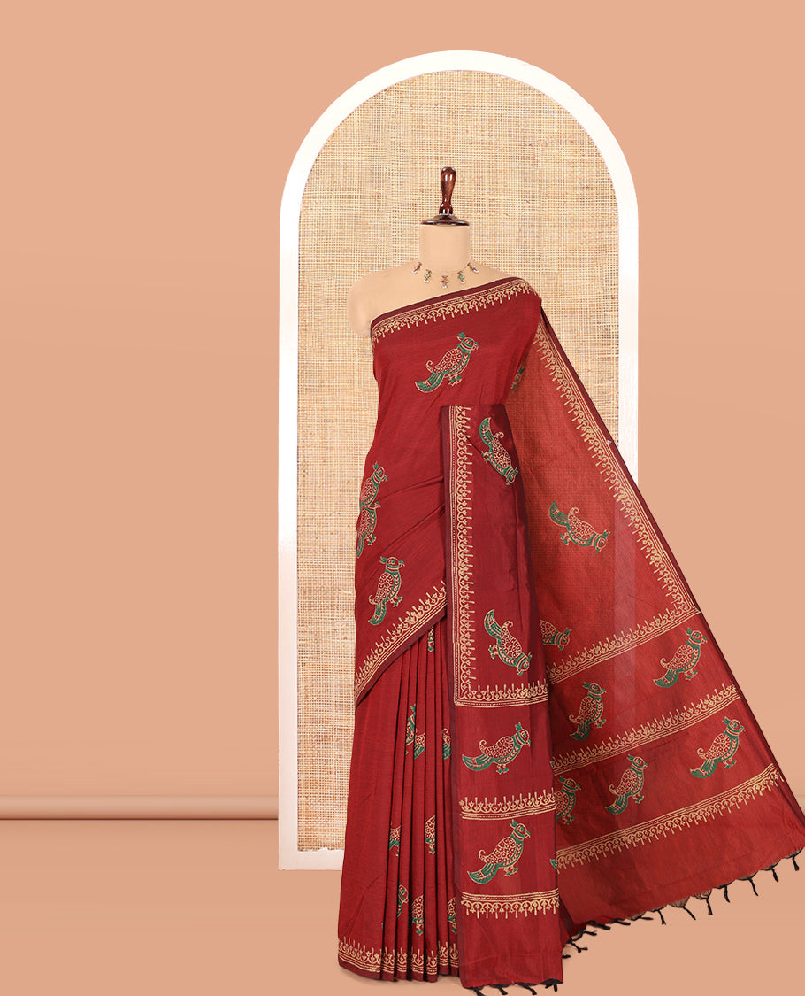 Maroon South Cotton Saree Features Parrot Motifs, a Block-Printed Border, and a Contrast Blouse