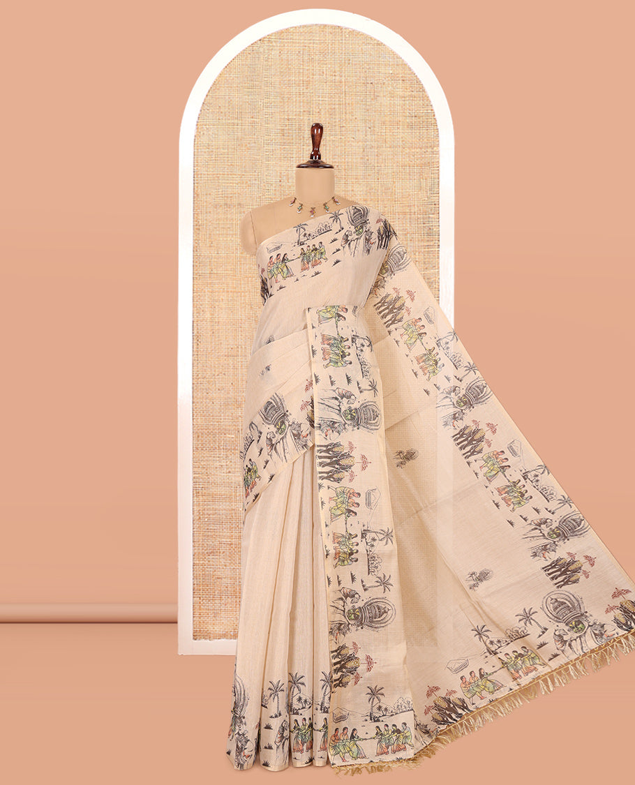 Gold Tissue Saree Features Kerala Kathakali-Themed Print, a Zari Border, Kerala-Theme Pallu, and Matching Blouse
