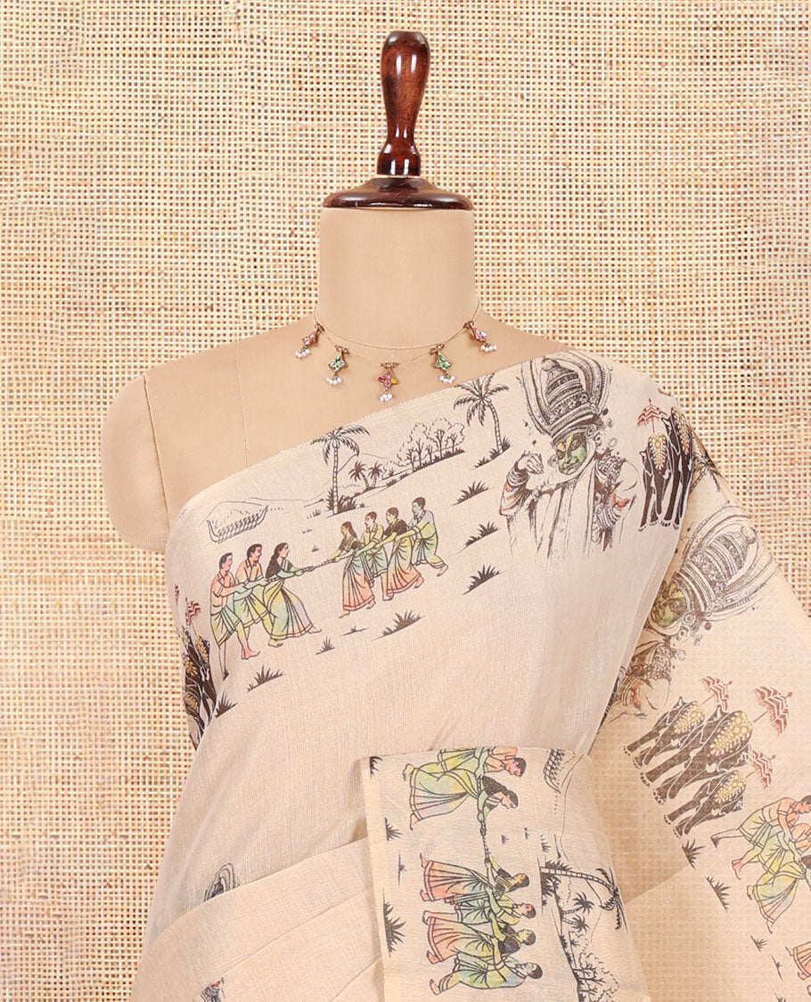 Gold Tissue Saree Features Kerala Kathakali-Themed Print, a Zari Border, Kerala-Theme Pallu, and Matching Blouse