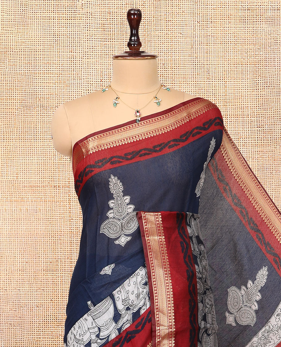 Navy Blue Chanderi Cotton Saree, Accentuated with Kalamkari Print, a Contrast Zari Border, Kalamkari Pallu, a Contrast Blouse