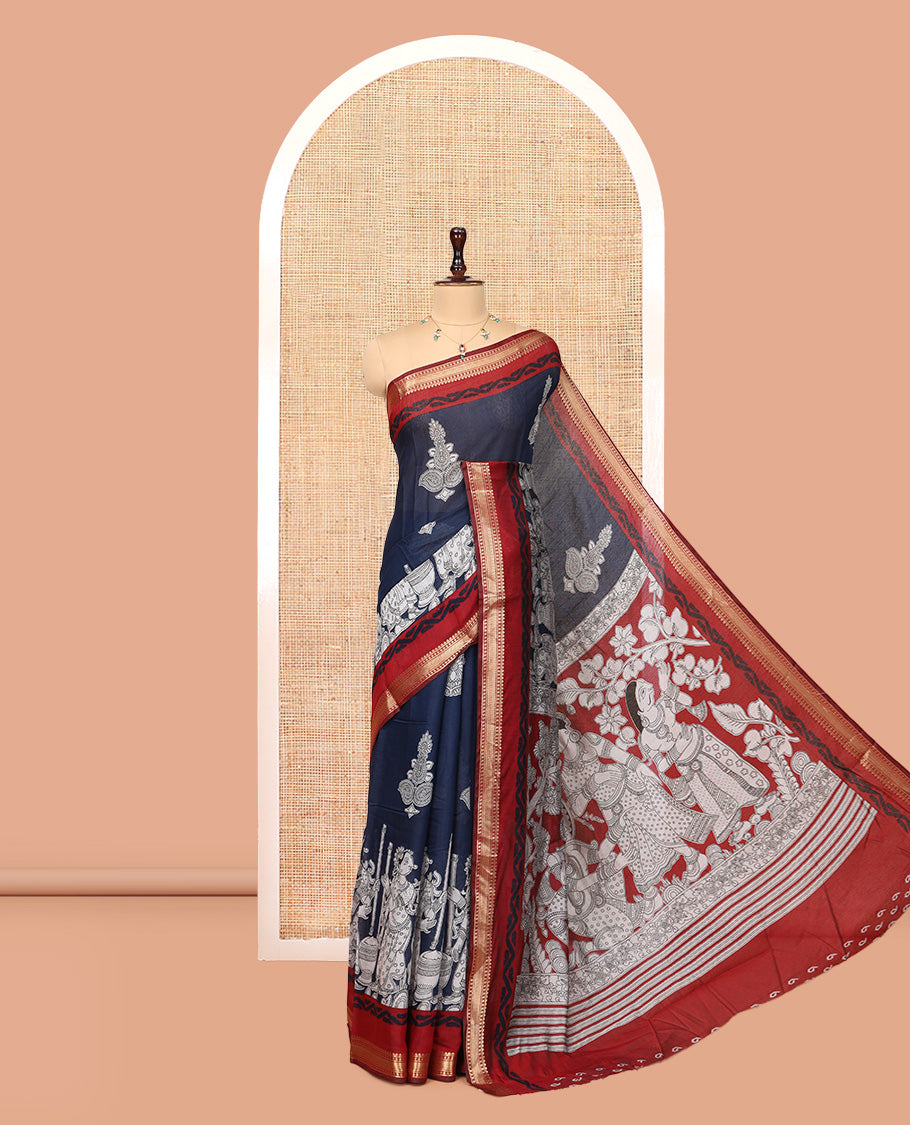 Navy Blue Chanderi Cotton Saree, Accentuated with Kalamkari Print, a Contrast Zari Border, Kalamkari Pallu, a Contrast Blouse