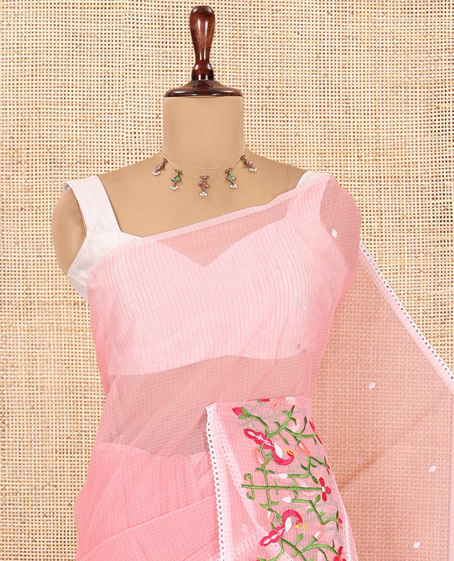 Peach Kota Doria Saree, Subtly Sparkled With Buttas, a Floral-Bird Thread Work Border, a Self-Pallu, a Matching Blouse