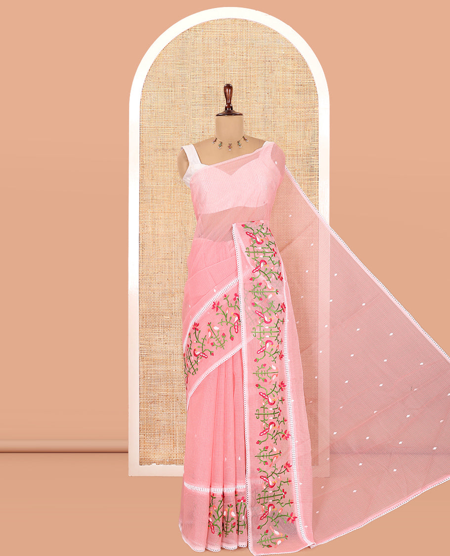 Peach Kota Doria Saree, Subtly Sparkled With Buttas, a Floral-Bird Thread Work Border, a Self-Pallu, a Matching Blouse