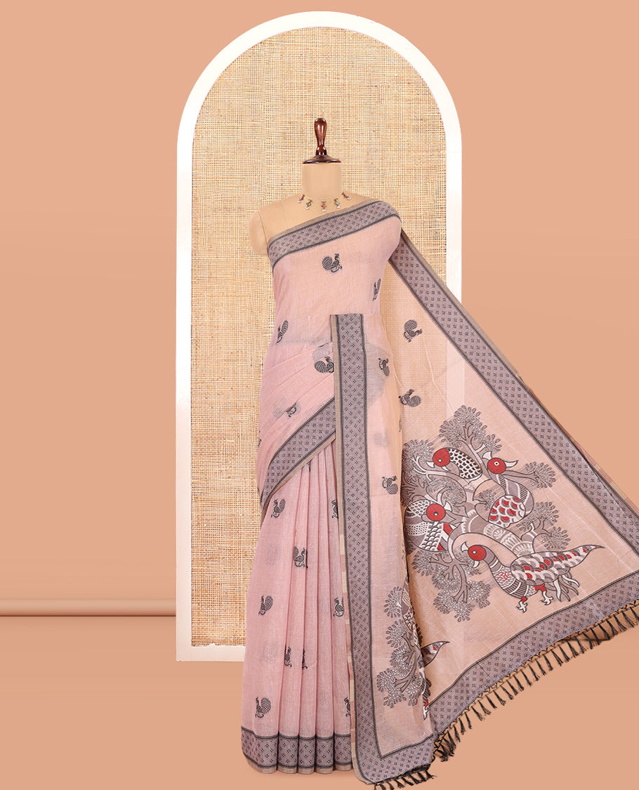 Onion Pink Chanderi Cotton Saree, Woven with Peacock Thread Buttas, a Thread Diamond-Patterned Border, a Peacock Pallu, a Contrast Blouse