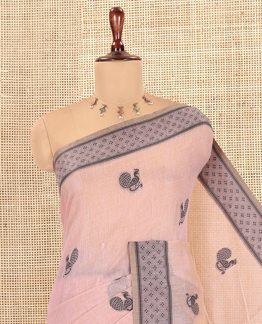 Onion Pink Chanderi Cotton Saree, Woven with Peacock Thread Buttas, a Thread Diamond-Patterned Border, a Peacock Pallu, a Contrast Blouse