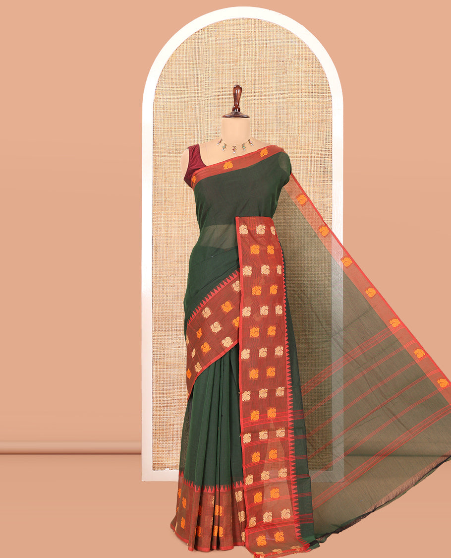 Bottle Green Plain Chettinad Cotton Saree