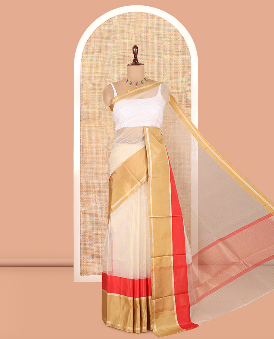 Cream-Red Semi-Organza Saree