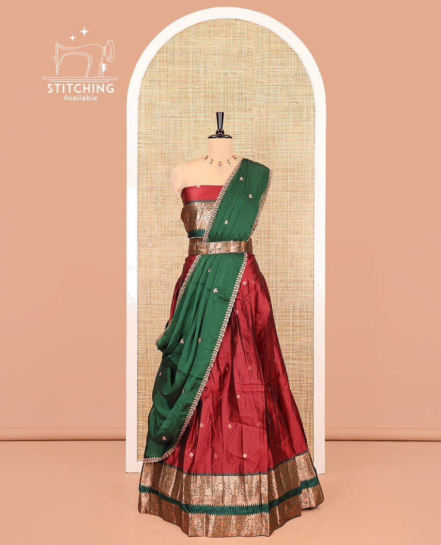 Red-Green Semi-Banarasi Half-Saree Featuring Buttas Skirt, Contrast Traditional Border, Matching Blouse, and Embroidered Satin Georgette Dhavani