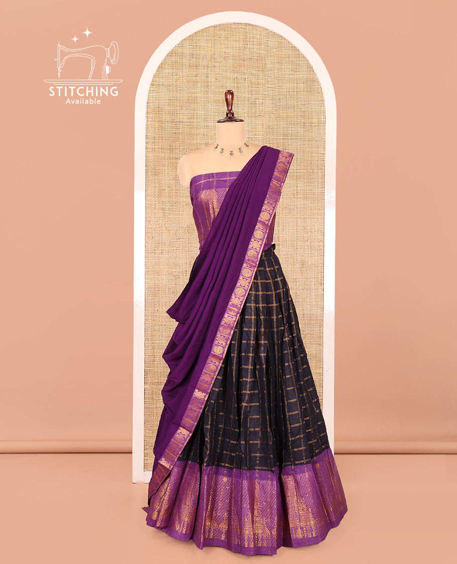 Navy Blue-Purple Sungudi Cotton Half-Saree Features Checked Skirt, Contrast Gopuram Border, Contrast Blouse, and Zari-Bordered Syska Georgette Dhavani