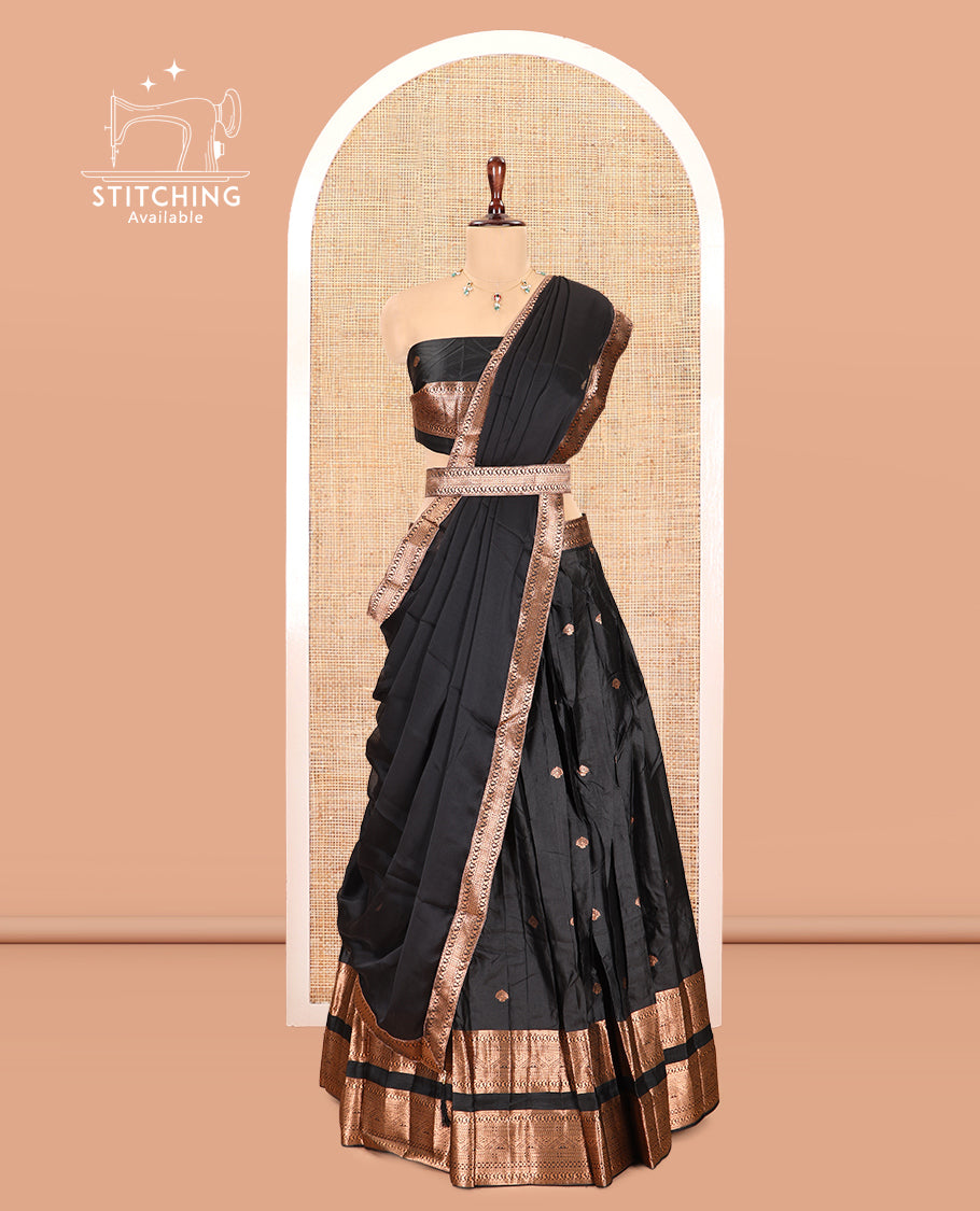Black Semi-Silk Half-Saree, Entralled with Zari Buttas Woven Skirt, a Rettai Pettu Traditional Border, a Matching Blouse, and Dhavani