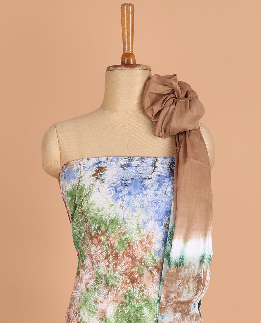 Multi-color chudidhar material pure cotton batik print top with cotton pants & double side hand print dupatta