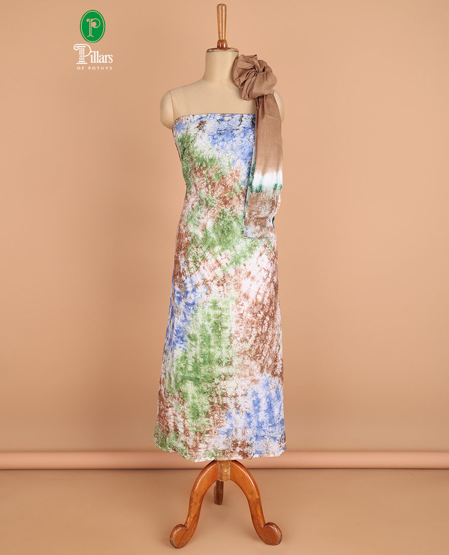 Multi-color chudidhar material pure cotton batik print top with cotton pants & double side hand print dupatta