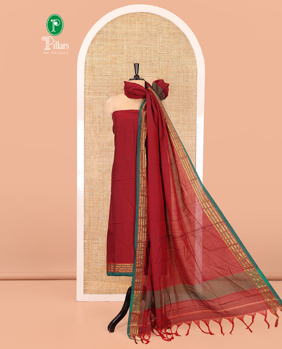Maroon Mercerised Cotton Material Chudidar Set, Elevated with Rudraksham-Temple Bordered Top, a Mercerised Cotton Bottom, and Paired with a Matching Mercerised Cotton Rudraksham-Temple Bordered Dupatta