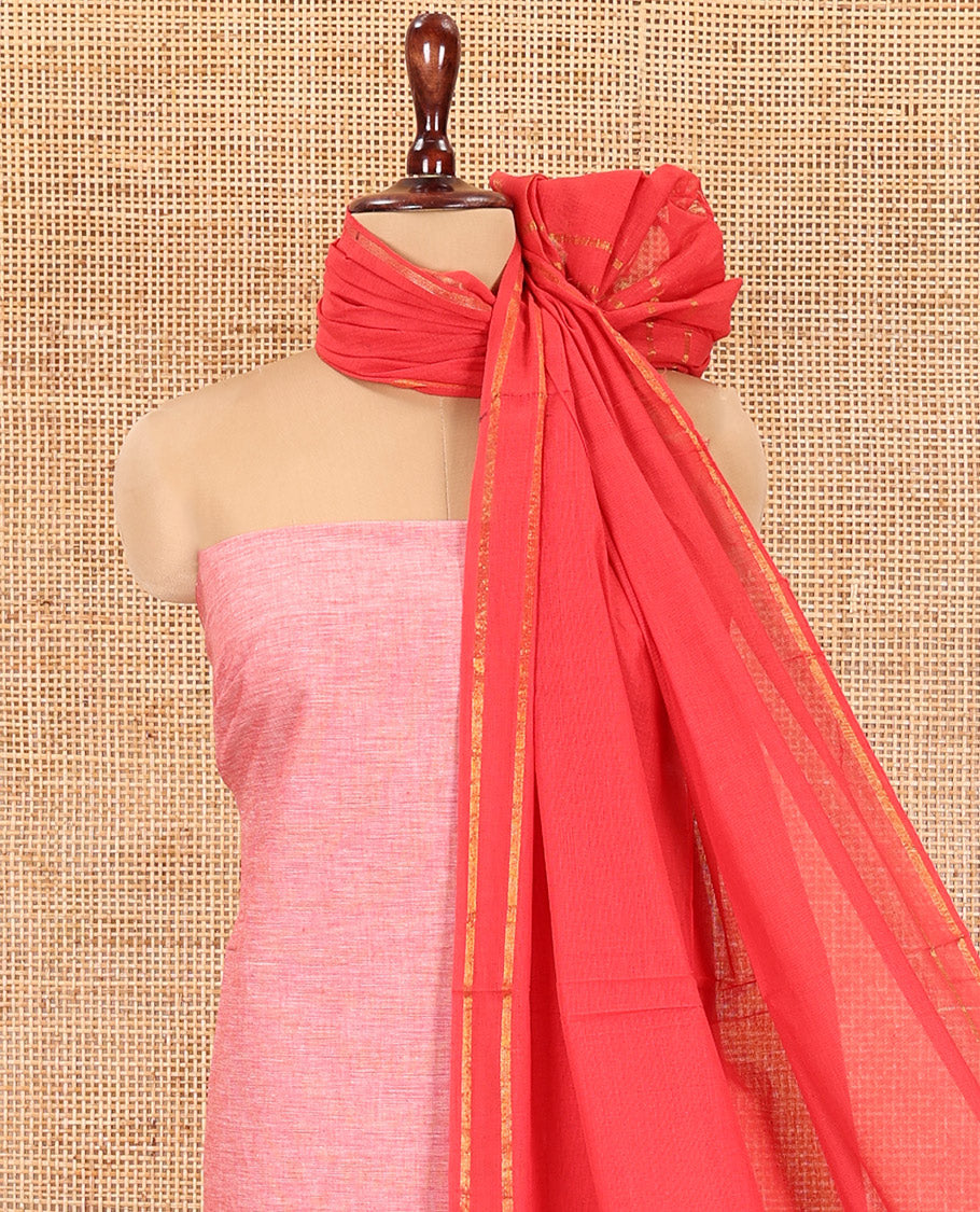 Red Handloom Material Chudidar, Peacock-Chakram Motifs-Threaded Top, a Contrast Plain Bottom, and a Contrast Dupatta