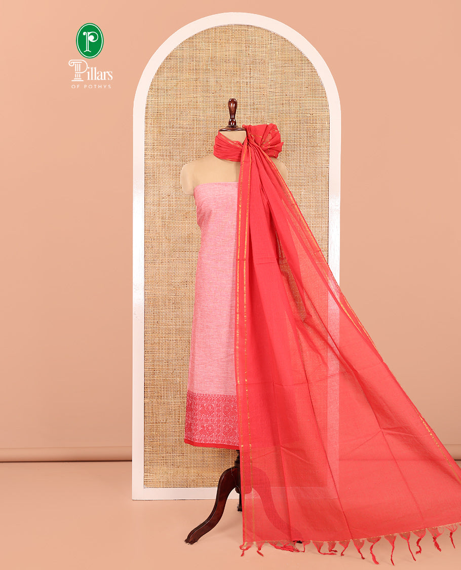 Red Handloom Material Chudidar, Peacock-Chakram Motifs-Threaded Top, a Contrast Plain Bottom, and a Contrast Dupatta