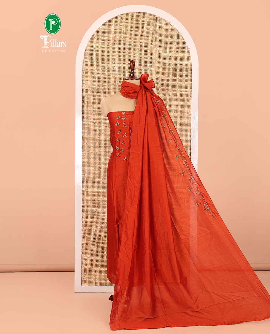 Rust Vichitra Silk Material Chudidar Set Features a Bead-Sequin Embroidered Top, a Santoon Bottom, and an Embroidered Dupatta