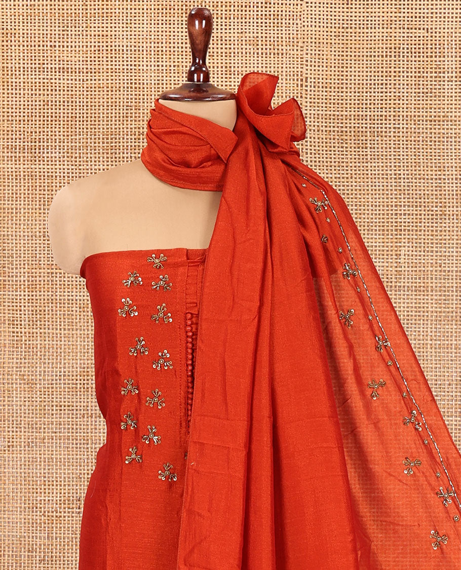 Rust Vichitra Silk Material Chudidar Set Features a Bead-Sequin Embroidered Top, a Santoon Bottom, and an Embroidered Dupatta