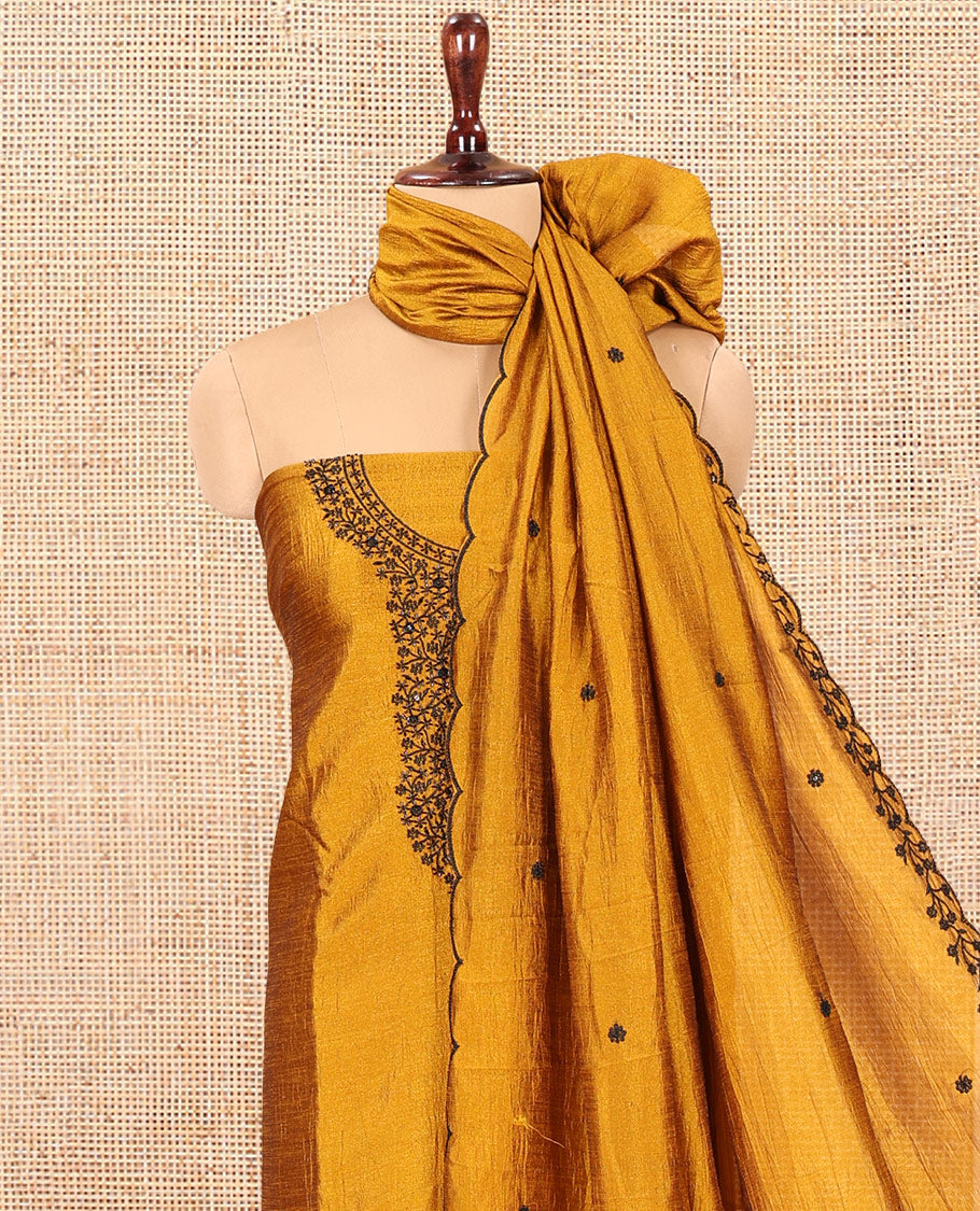 Mustard Vichitra Silk Material Chudidar Set, Finely Crafted with Thread Embroidery Top, Matching Bottom, and Thread Work Dupatta