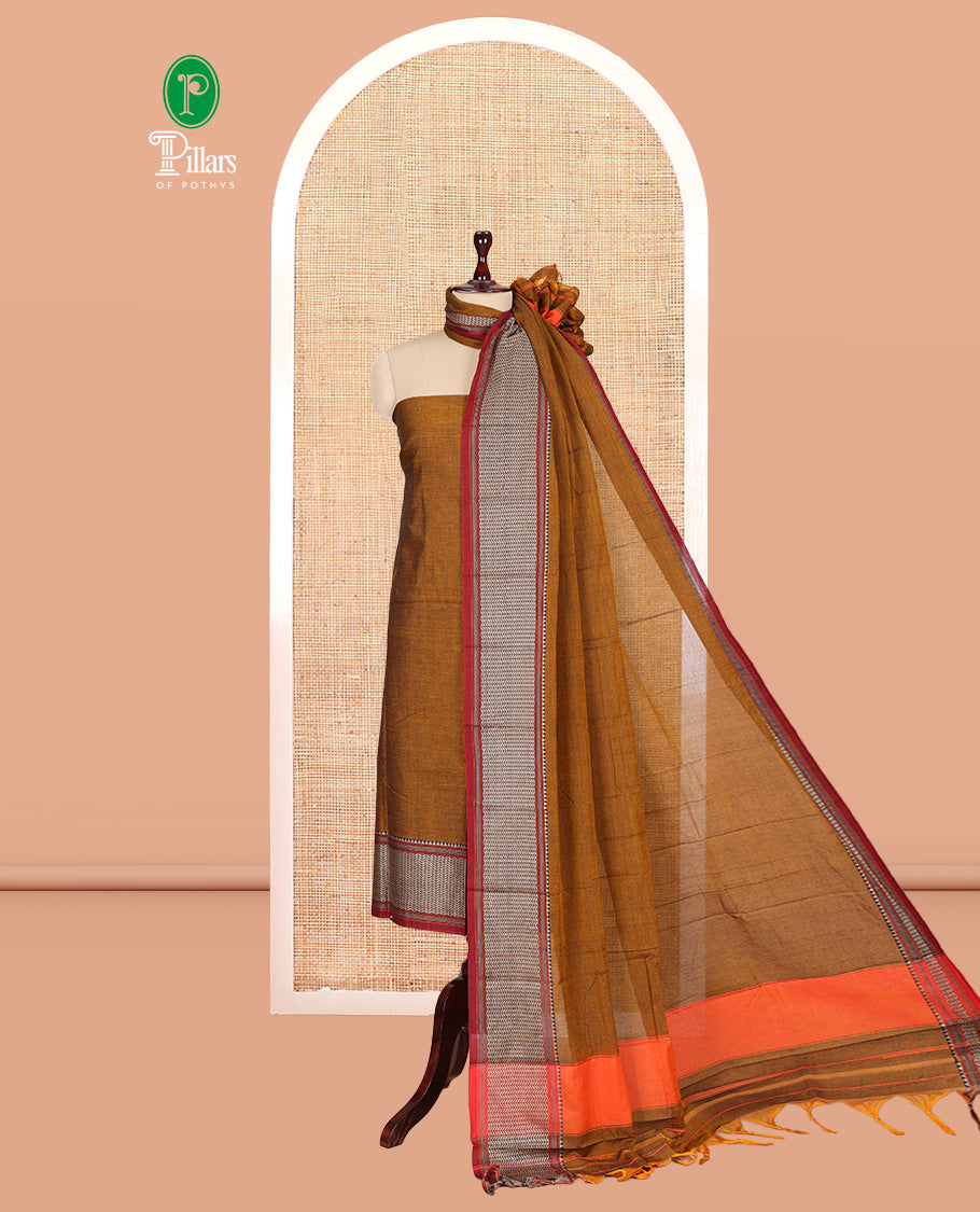 Mustard Mercerised Cotton Material Churidar Features Plain Top, Contrast Traditional Thread Border, Plain Bottom, Matching Dupatta