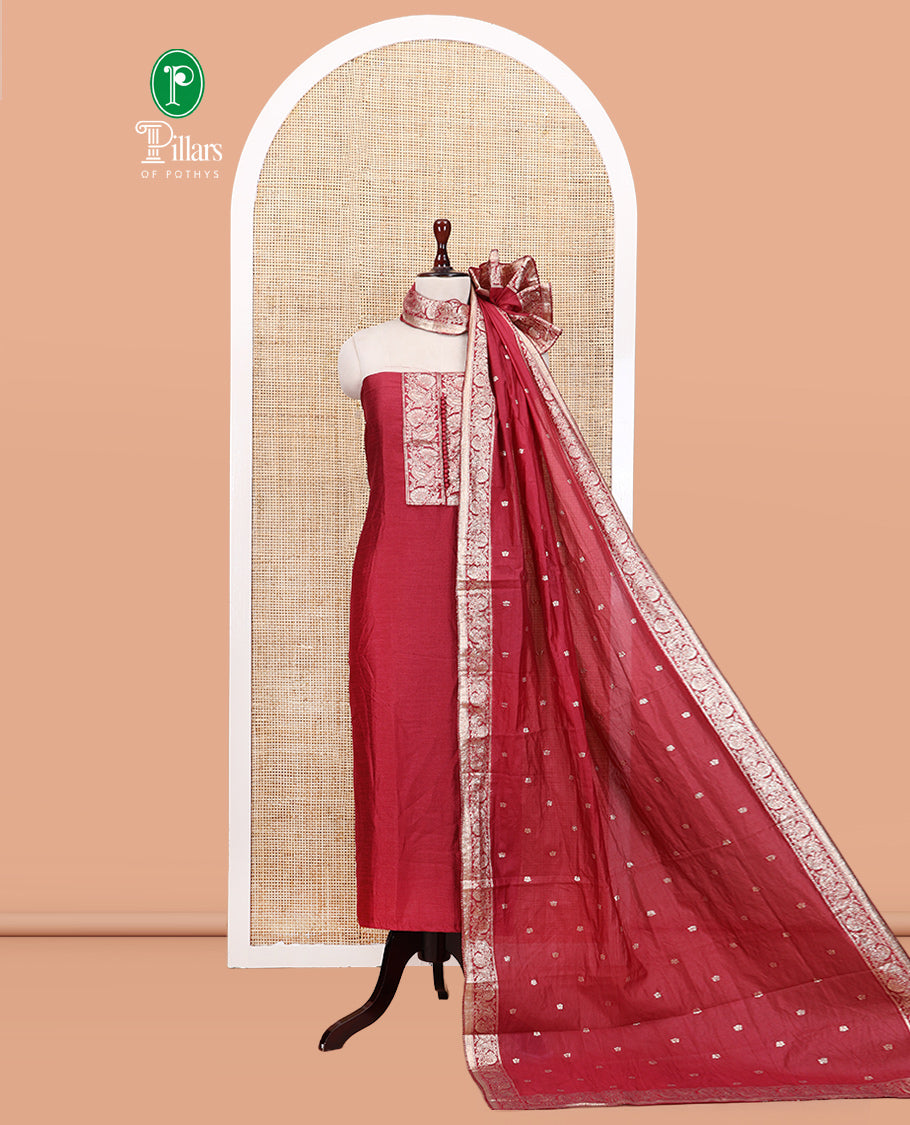 Onion Pink Material Churidar Set Features Gold Zari Neck Work Top, a Plain Santoon Bottom, a Banarasi Dupatta