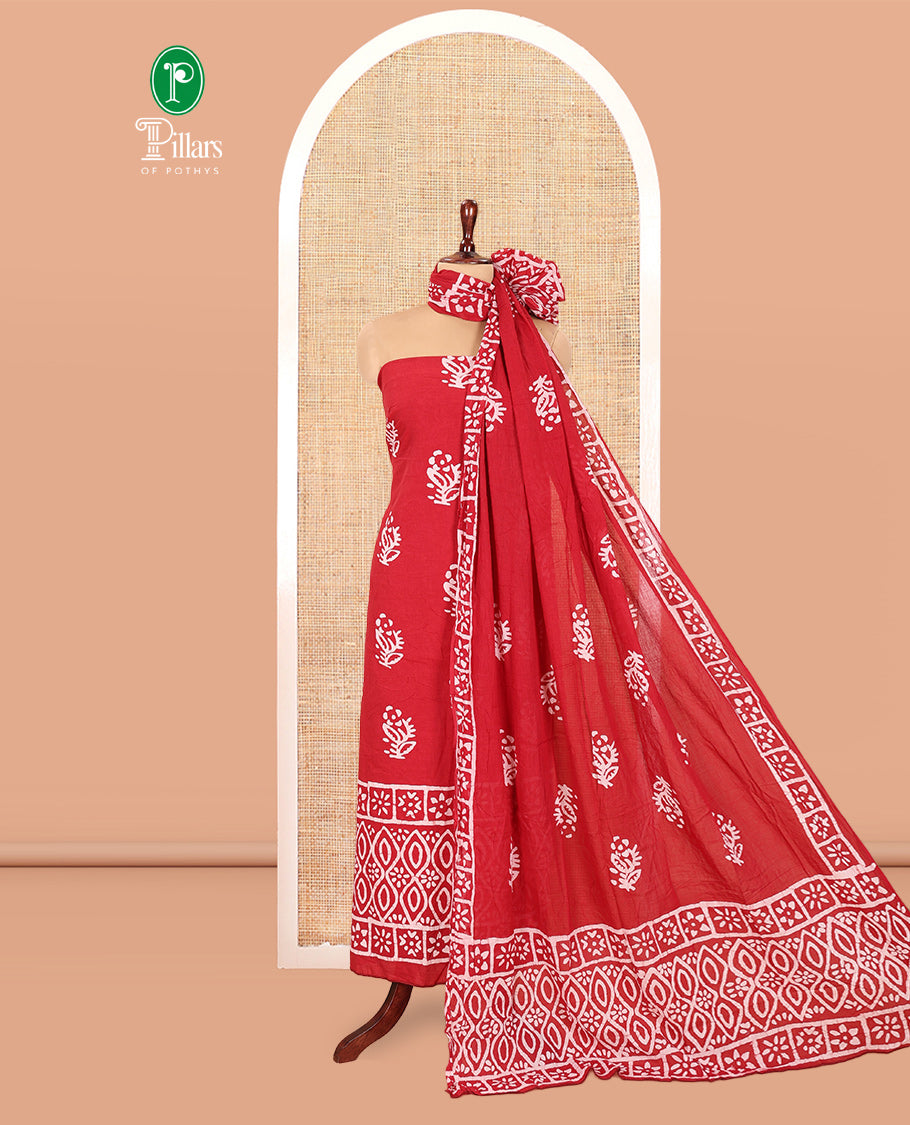 Maroon Cotton Material Chudidar, Batik Printed Top, a Matching Bottom, and Batik Print Dupatta