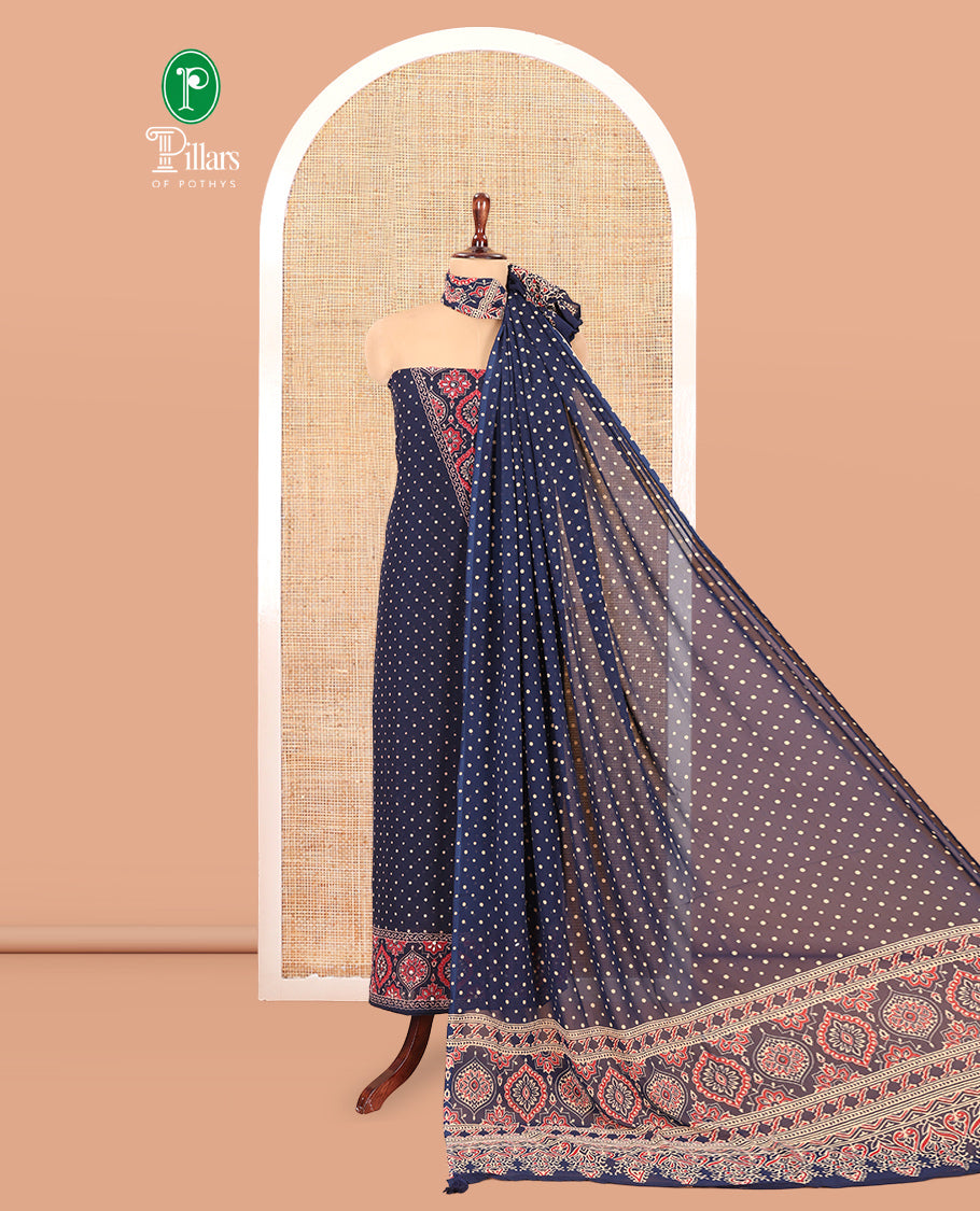 Navy Blue Georgette Material Churidar Set, Polka Dot and Ajrakh Neck Work Top, a Matching Bottom, and Ajrakh Printed Dupatta