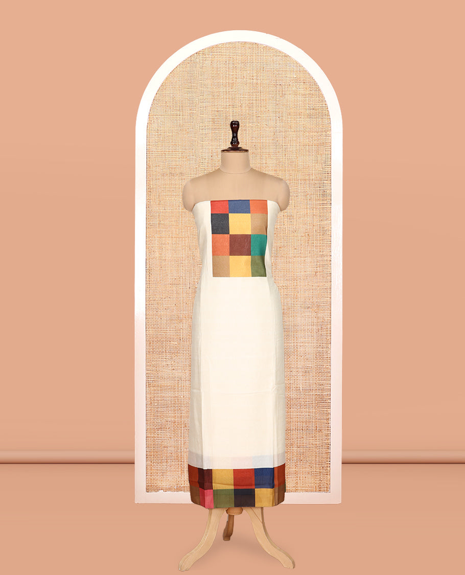 Cream Semi-Silk Material Churidar, Adorned with Multi-Color Checked Top, a Plain Bottom, a Checked Bordered Plain Dupatta