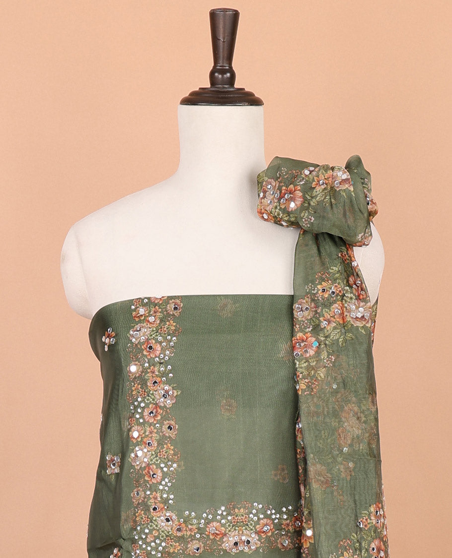 Mehendi green floral print, stone, mirror work organza chudidhar material top with santoon material pant & floral print, mirror work dupatta