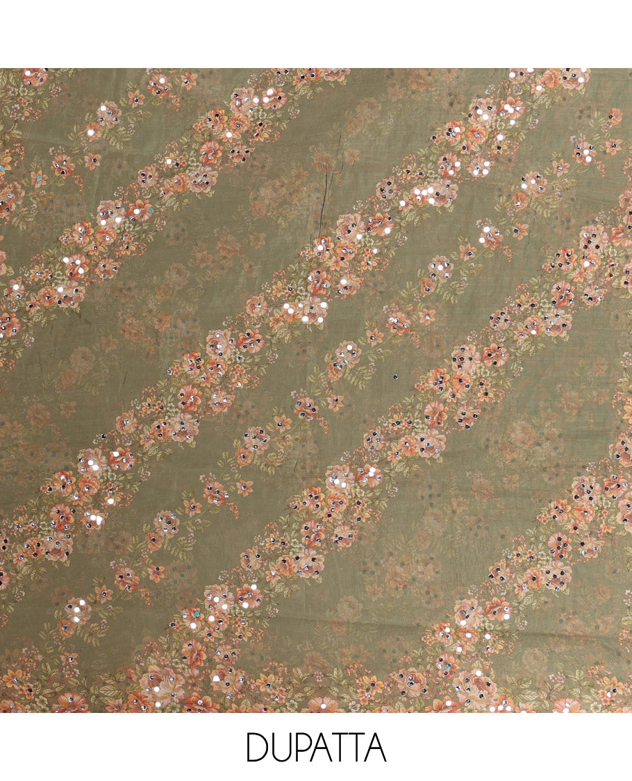 Mehendi green floral print, stone, mirror work organza chudidhar material top with santoon material pant & floral print, mirror work dupatta