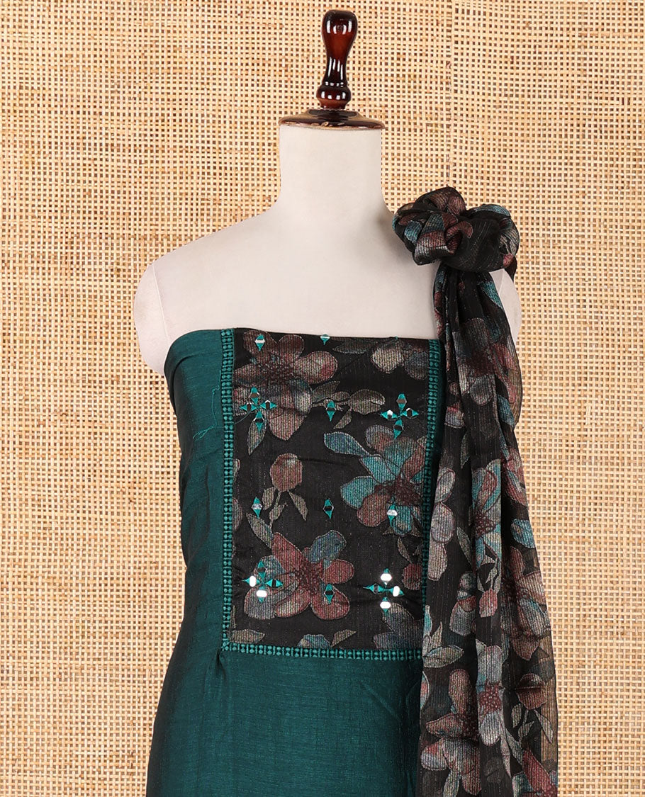 Sapphire blue material chudidar set,brasso floral print & mirror neck embroidery vichitra silk top,santoon bottom & floral print georgette dupatta