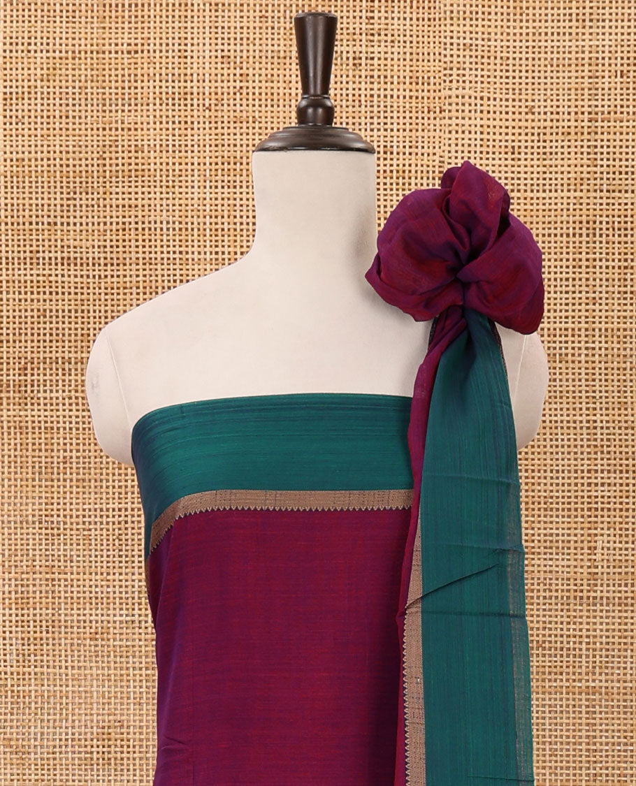 Magenta mercerised cotton material chudidar set, Madhubani-style bride-groom motif woven top, bottom & dupatta