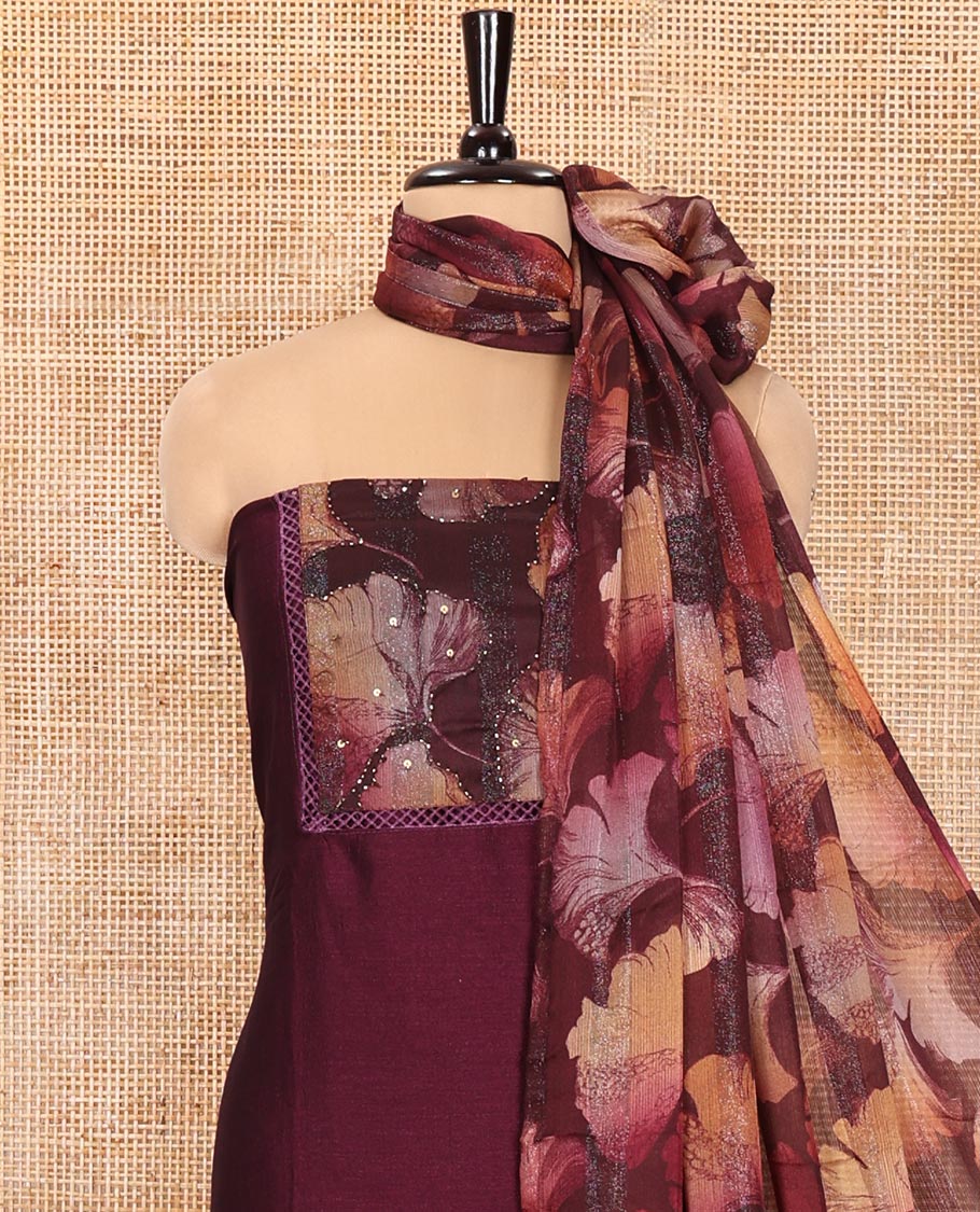 Magenta Material Churidar Set, Embellished with Floral Printed Patch Embroidery Vichitra Silk Top, Comes with a Plain Santoon Bottom, and a Floral Printed Shimmer Georgette Dupatta