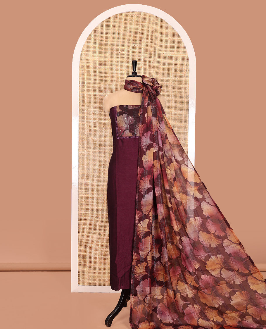 Magenta Material Churidar Set, Embellished with Floral Printed Patch Embroidery Vichitra Silk Top, Comes with a Plain Santoon Bottom, and a Floral Printed Shimmer Georgette Dupatta