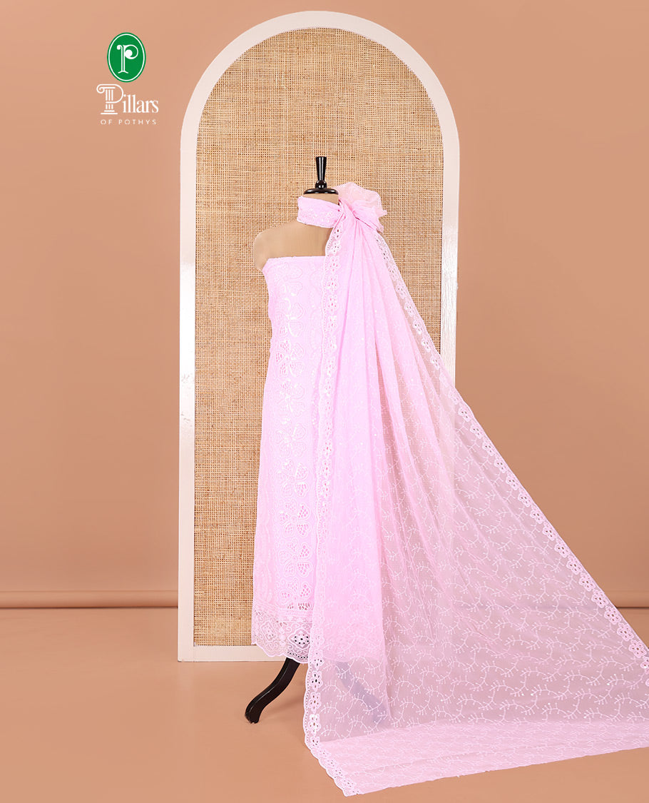 Pink Fox Georgette Material Chudidar Set, Adorned with Cut Work and Sequins Embroidered Top, a Plain American Crepe Bottom, and Comes with a Embroidered Georgette Scallop Dupatta