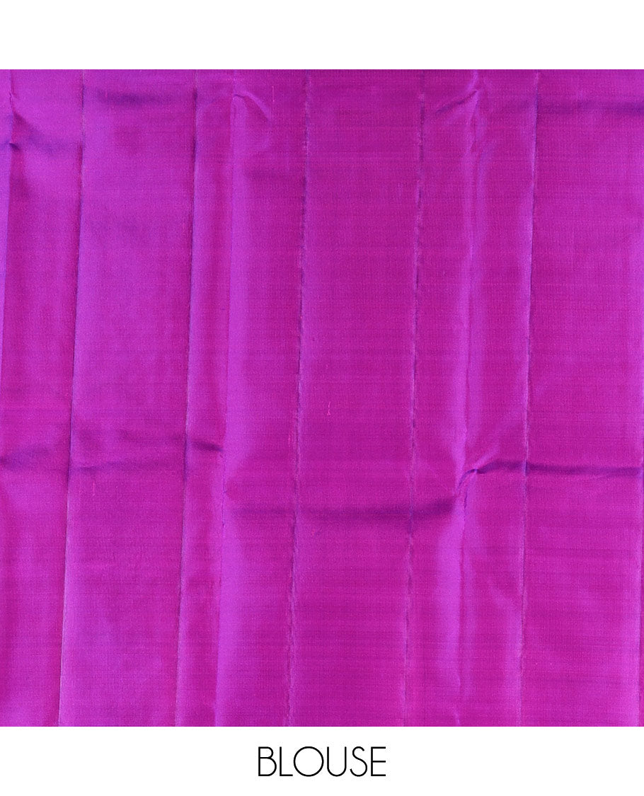 Violet Vasundhara Silk Saree Accentuated with Thazampoo Rekku, and Vel Buttas, Complemented by Zari Border of Manga, Muthu, Kathir, Neli, and Vanki Designs, Pallu Adorned with Jaal Designs, and Paired with a Matching Blouse