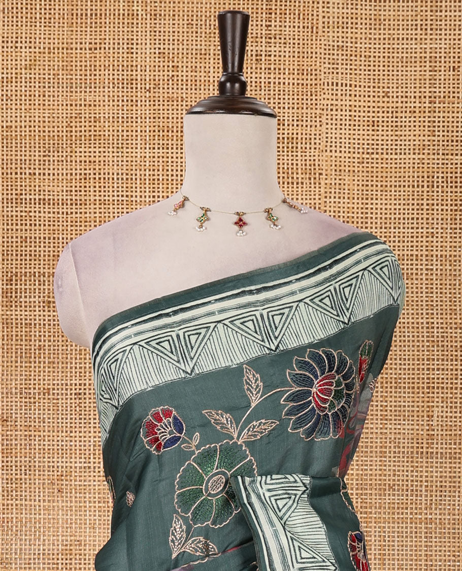 Rose green floral print & multi-color floral thread embroidered fancy tussar silk saree, triangle motif print & embroidered border & matching blouse of print & embroidery