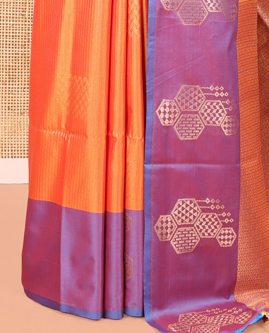 Orange Fancy Soft Silk Saree, Embellished with Zari Buttas and Zari Stripes, Complemented by a Contrast Border of Hexagon-Shaped Designs, Majestically Detailed Pallu, and Paired with a Contrast Blouse