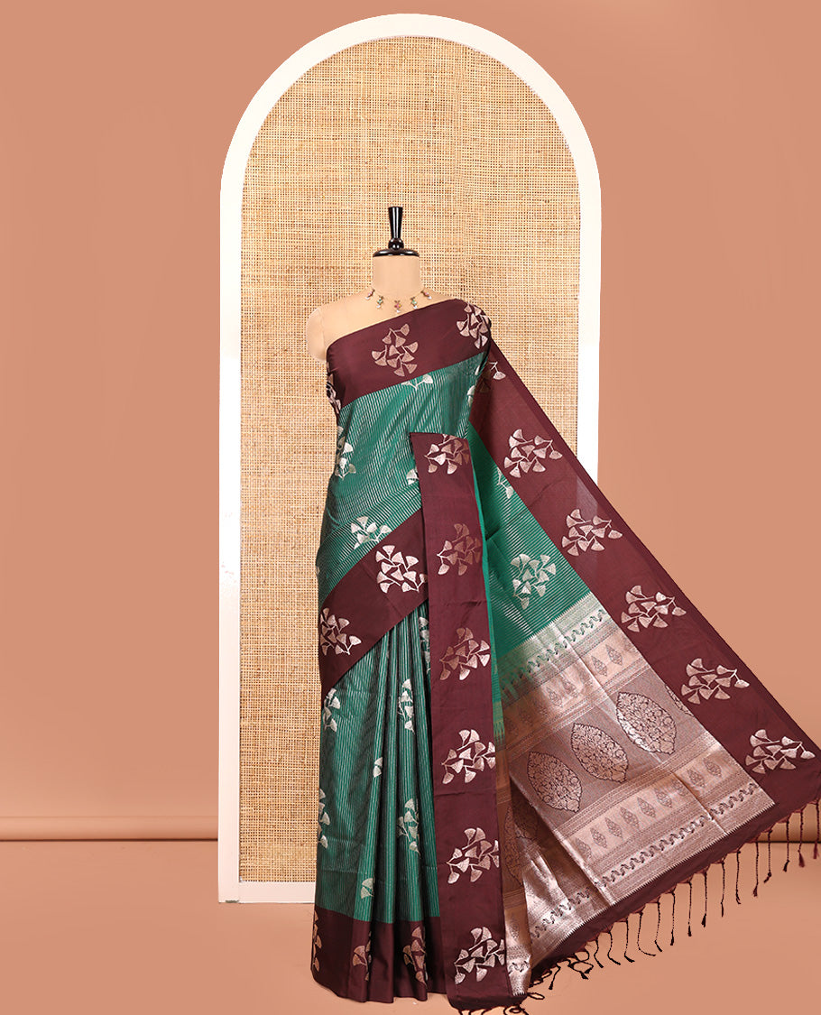 Dark Green Semi-Soft Silk Saree, Highlighted by Vaira Oosai Stripes and Floral Buttas All Over Its Body, Complemented by a Contrast Floral Buttas Border, an Intricately Designed Pallu, and Paired with a Contrast Blouse