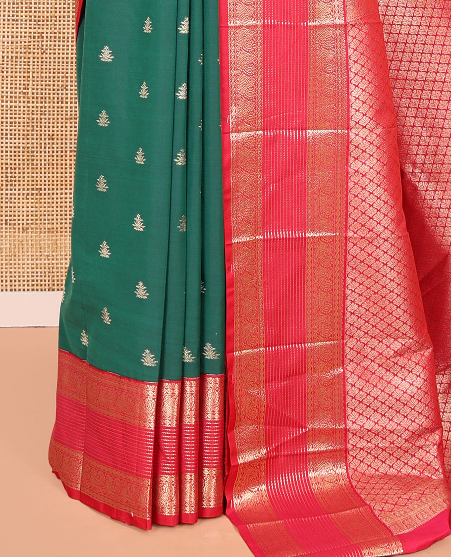 Green and Dark Pink Budget Silk Saree, Zari Buttas All Over Its Body, With Contrast Traditional Zari Border of Peacock Designs, Grand Jaal Pallu, and Contrast Blouse