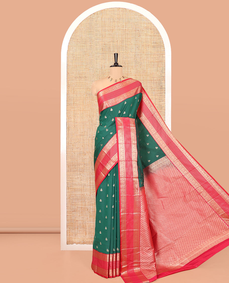 Green and Dark Pink Budget Silk Saree, Zari Buttas All Over Its Body, With Contrast Traditional Zari Border of Peacock Designs, Grand Jaal Pallu, and Contrast Blouse