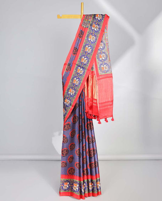 Violet circular motifs  semi-banaras printed saree with contrast elephant motifs border & intricate design pallu