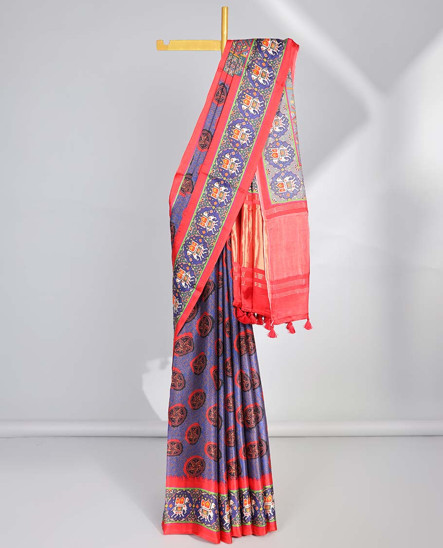 Violet circular motifs  semi-banaras printed saree with contrast elephant motifs border & intricate design pallu