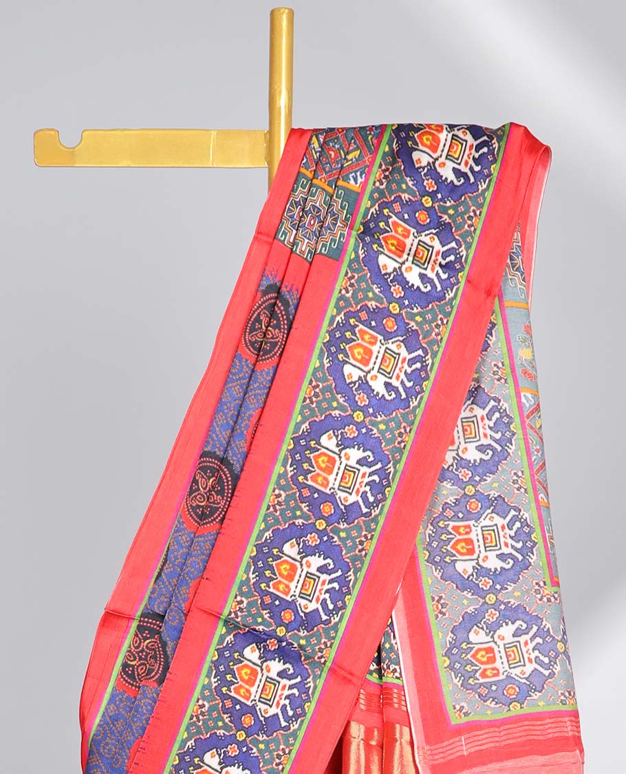 Violet circular motifs  semi-banaras printed saree with contrast elephant motifs border & intricate design pallu