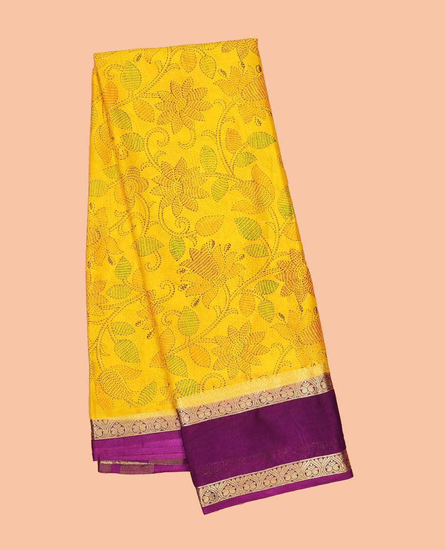Yellow madhubani-style floral vine semi-banaras printed saree, contrast traditional design border & striped pallu