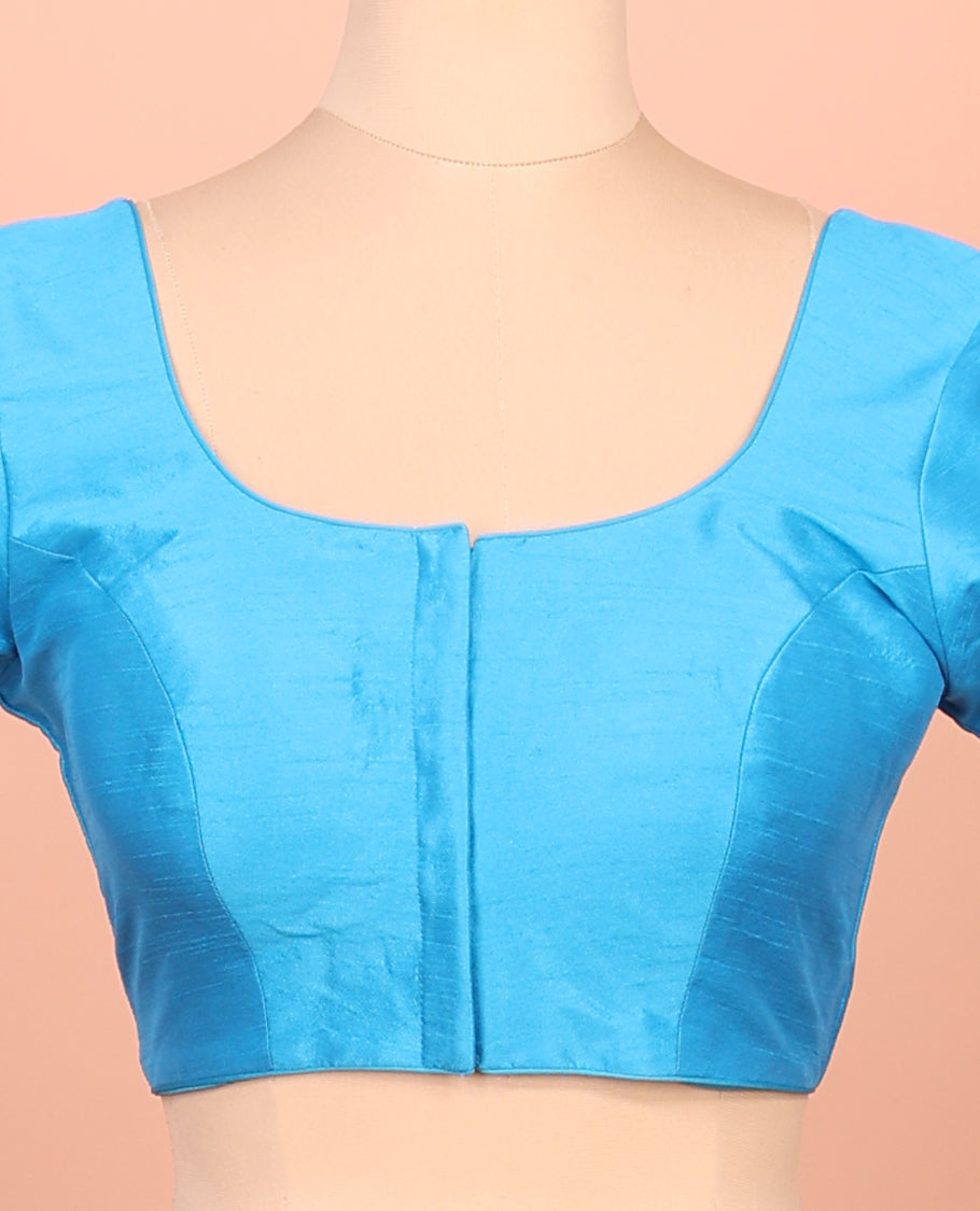 Sky Blue Plain Readymade Blouse Featuring a Front Round-Neck, Back Round-Neck, and Elbow Sleeves
