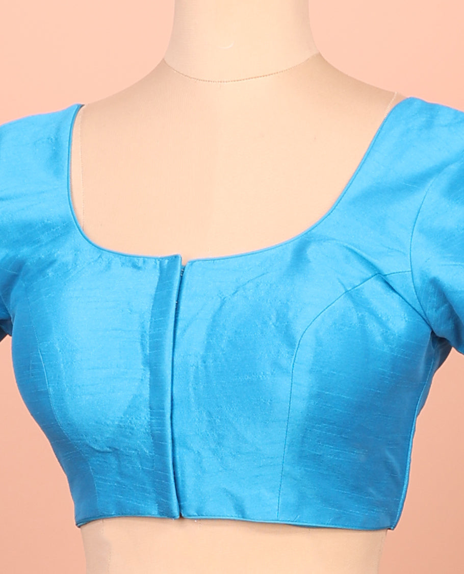 Sky Blue Plain Readymade Blouse Featuring a Front Round-Neck, Back Round-Neck, and Elbow Sleeves