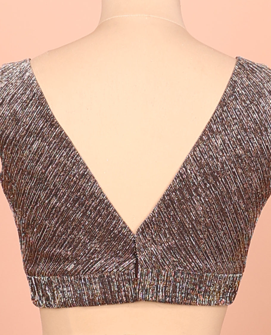 Brown Readymade Blouse Featuring a Front V-Neck, Back V-Neck, and Sleeveless